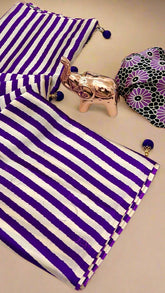 White and Purple Striped Ajrakh Contemporary Satin Crepe Modal Silk Saree